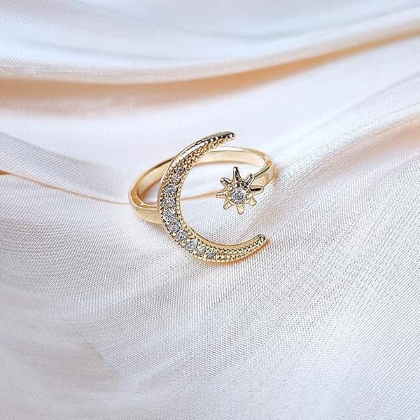 Stjerne Måne Cubic Zirconia Ring Indlagt Ring Åben Ring Fingergave Til Kvinder (guld)