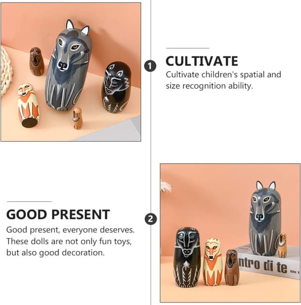 Aminal Nesting Dolls, Trä Ryska Nesting Dolls Leksaker Handmålade Varg Djur