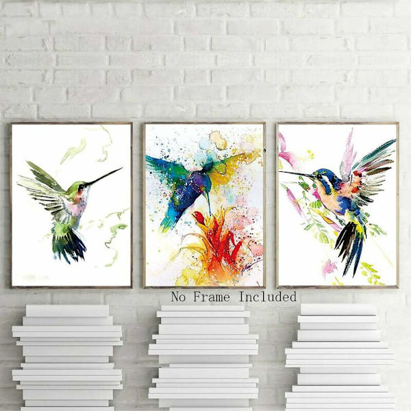 Set med 3 abstrakta akvarellfågelposters - Modern canvasväggmålning sovrum vardagsrum badrumsdekor kolibri - Oinramad, 20*25 cm