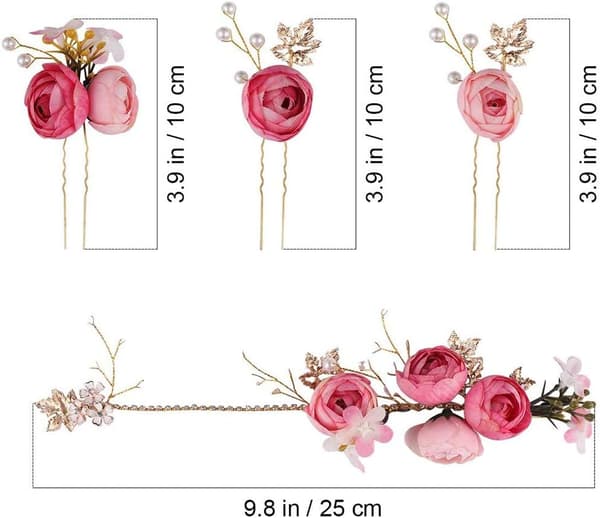 4 stykker lyserød blomsterformet hårnål, brudehårtilbehørssæt, pigehårtilbehør
