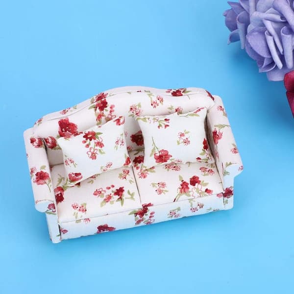 Dockhusmöbler Soffa, Mini Möbler Soffa med 1/12 Blommönster, Lämplig för Tillbehör