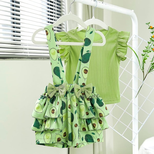 Baby Girls Sommar Volangärm Romper Avokado Topp Och Shorts Set Liten Flicka Grön Rosett (98 2-3Y) 98 2-3Y