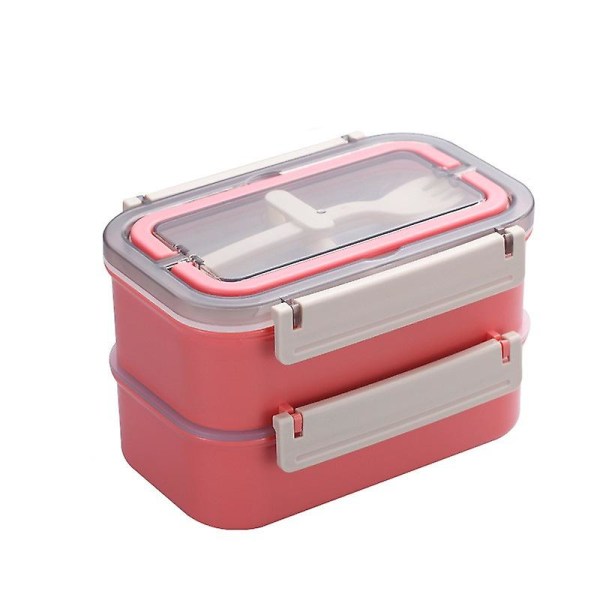 Lunchbox med dubbla lager för barn med sked och gaffel i rostfritt stål (rosa) pink