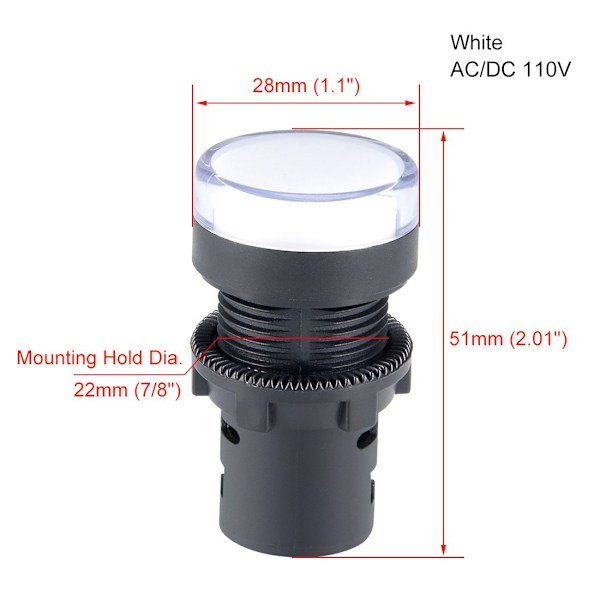 2 st AC/DC 110V indikatorlampor, vitt LED, infälld panelmontering 7/8\" 22mm White
