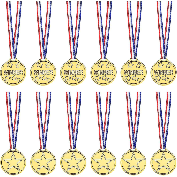 12 stycken plastvinnare medaljer Award Medaljer Medaljer med halsband för barn Sports Party