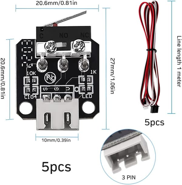 5 stk. 3D-skriver endestoppbryter, 3D-skriver med 3 pinner 1m kabel, kompatibel med Ender 3/5/pro