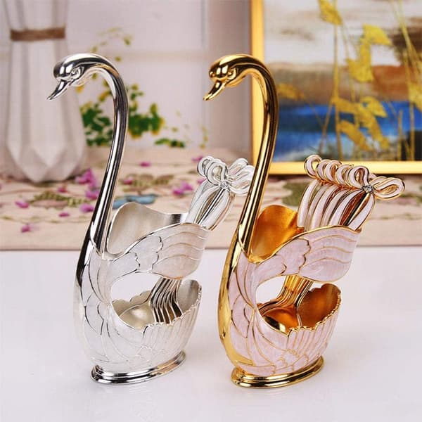 Metalske kaffe dessert ske sæt, bestik svane base holder ske organizer (Sølv L) Silver L
