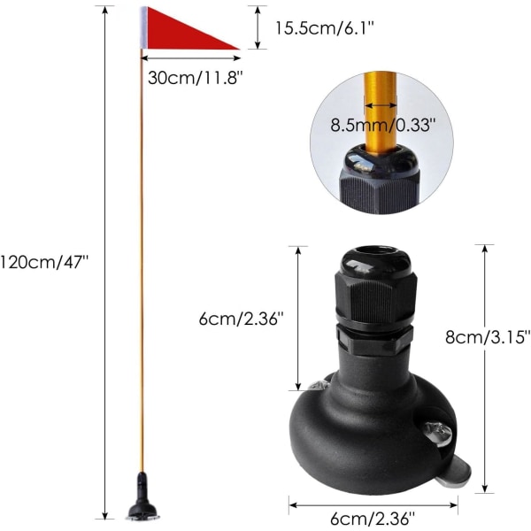 Bärbar 47\" Kajaksäkerhetsflagga Pisks och Vimpel Infälld Bas, Svart Bas