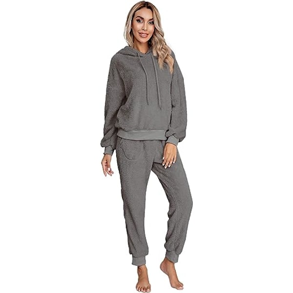 Dam Fuzzy Sherpa Fleece Pyjamas Set, Långärmad Hoodies Pyjamas Byxor 2 Delar Outfits Loungewear Sleepwear(mörkgrå,m) m