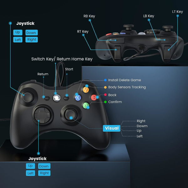 Kabelansluten kontroll för Xbox 360, spelkontroll för 360 med Dual-Vibration Turbo kompatibel med Xbox 360/360 Slim och PC Windows 7,8,10,11（Svart） Black