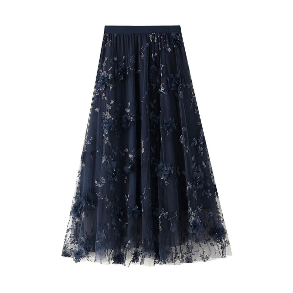 Lång Tutu-kjol i tyll för kvinnor 3d-blombroderi Enfärgad hög midja Mesh Midi Swing-kjol (marinblå) navy blue