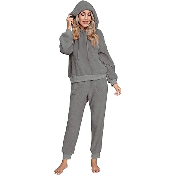 Dam Fuzzy Sherpa Fleece Pyjamas Set, Långärmad Hoodies Pyjamas Byxor 2 Delar Outfits Loungewear Sleepwear(mörkgrå,xl) xl