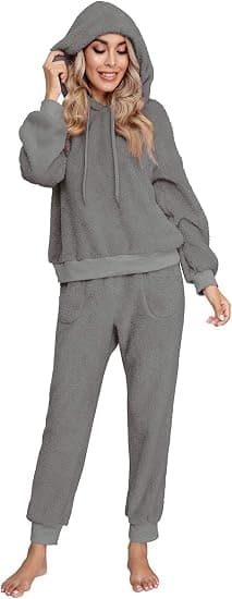Fuzzy Sherpa Fleece Pyjamassæt til kvinder, langærmede hættetrøjer, pyjamasbukser, 2-delt sæt, loungewear, nattøj (mørkegrå, m) m