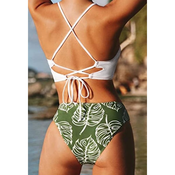 Kvinnors Bikini Badkläder Blommigt Tryck Spets Upp Flera Färger Remmar, Vit+Grön, L White l