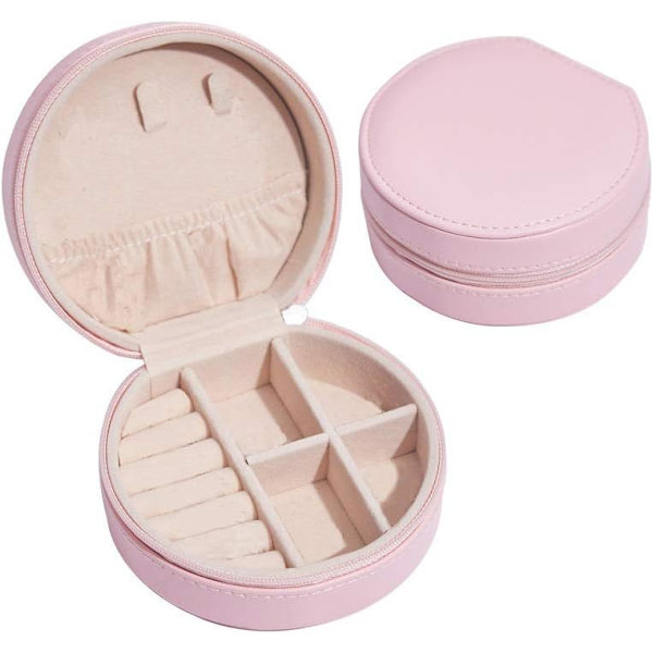 Smyckeskrin Organizer, Sammetsfoder PU Läder Resesmyckeskrin Mini Smyckesförvaringsfodral（rosa） pink