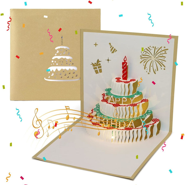 Pop-up 3D-födelsedagskort med musik och ljus, presenter för gratulationskort på födelsedagen gold