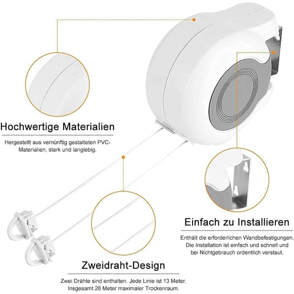 Tvättlina Retractable Kläder Airer Line Justerbar Dubbel, Inomhus och Utomhus Torklängd på 13 m