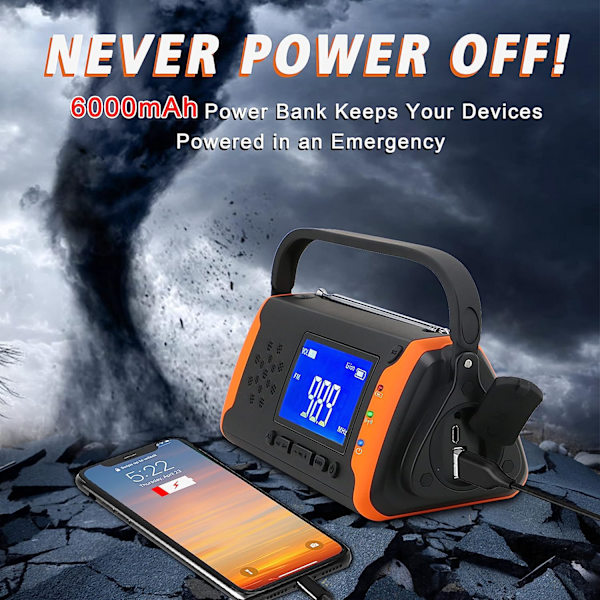 Nödväder vevradio 4000mAh - solenergi, telefonladdare, SOS-larm, LED-ficklampa