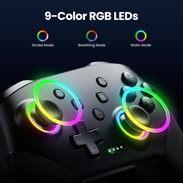 Trådløs controller til Switch/Switch Lite/OLED/PC, Gamepad med enkeltknaps-parring, 9-farvet RGB LED og 800mAh batteri