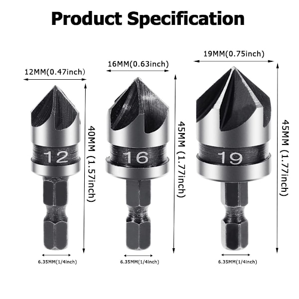 3PCS(12 16 19 MM) Metallförsänkare Fasningsborr Set Fräs, 5 Spår 90 Graders Fasningsbitar