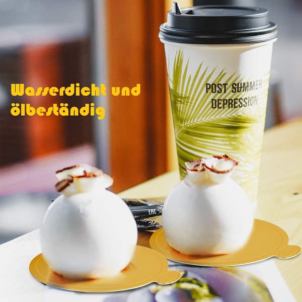 Förpackning med 100 mousse tårtbrickor guldpapper cupcake dessert visar brickor runda set 8 cm