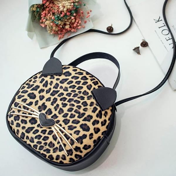 Mini Leopards axelväska Crossbody väska Handväska Söt kattväska Rund myntbricka（leopardmönster） Yellow
