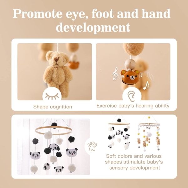 Mobil baby trä + ullboll, färska blommor och bin, nyfödd present till baby (Panda)