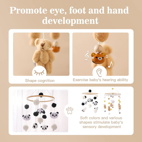Mobil Baby Trä + Ullboll, Färska Blommor och Bin, Nyfödd Present till Baby (Panda)
