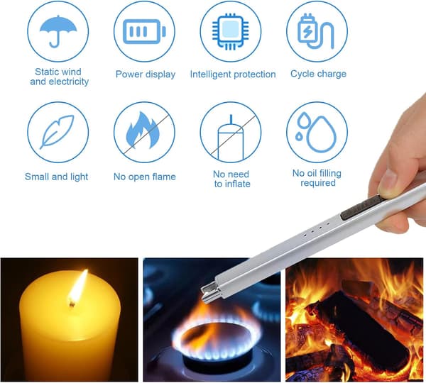 Mini USB Genopladelig Lighter, Vindtæt Lang Genopladelig Lighter (Stearinlys medfølger ikke) Silver