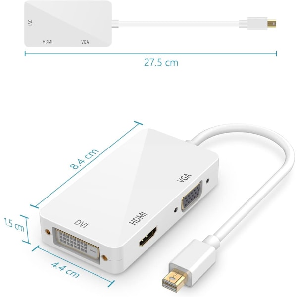 3 i 1 Thunderbolt-port Mini Displayport till HDMI DVI VGA-adapter Vit White