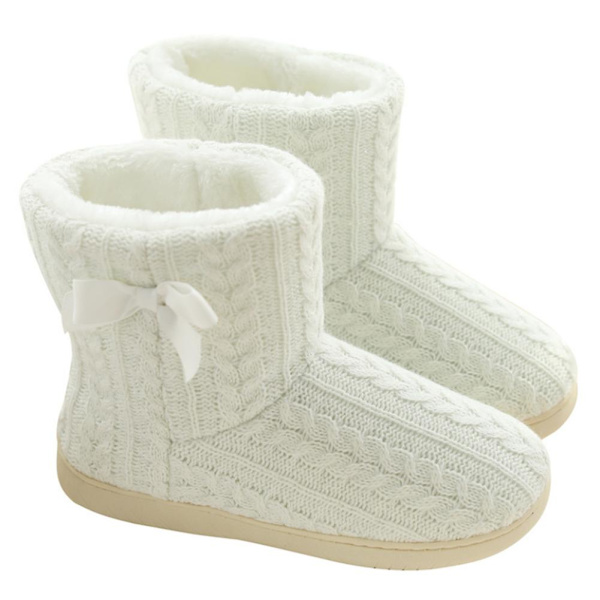 Kvinnor Stickad Bootie Toffel Varma Tofflor Plyschfodrad Anti-Slip White 23.5 cm
