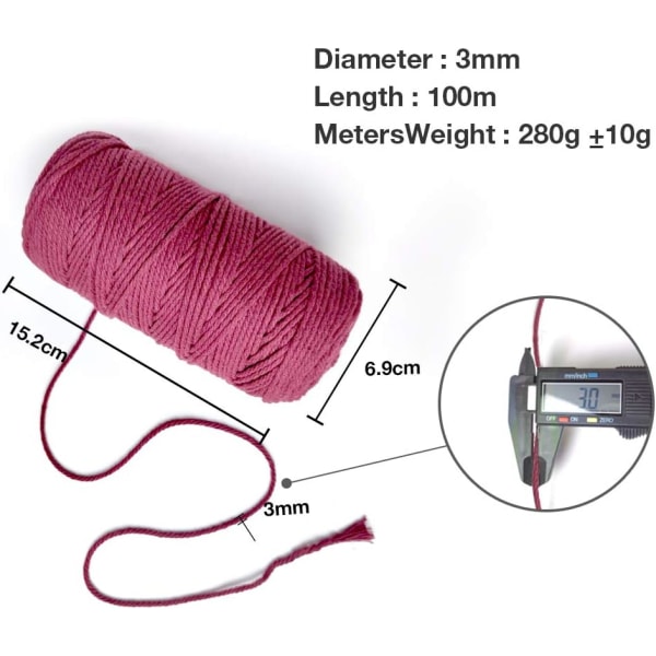 3MM 100M Makramé-snöre, 4-trådig tvinnad bomullssnöre Naturlig bomullssnöre (vinröd) red