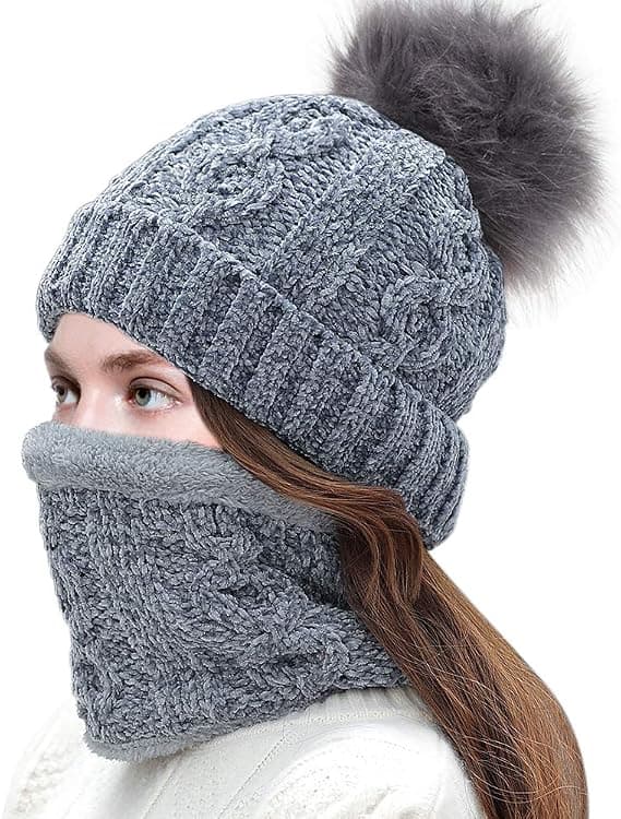 Vinter Udendørs Ski Dame Strikket Termisk Hue og Cirkeltørklæde (M, Grå) 2 stk.