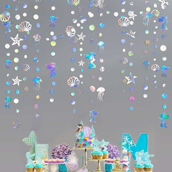 39 fot Iridescent Mermaid Party Dekorationer Sjöstjärna Snäckskal Maneter Girlang Pappersvimplar Streamers