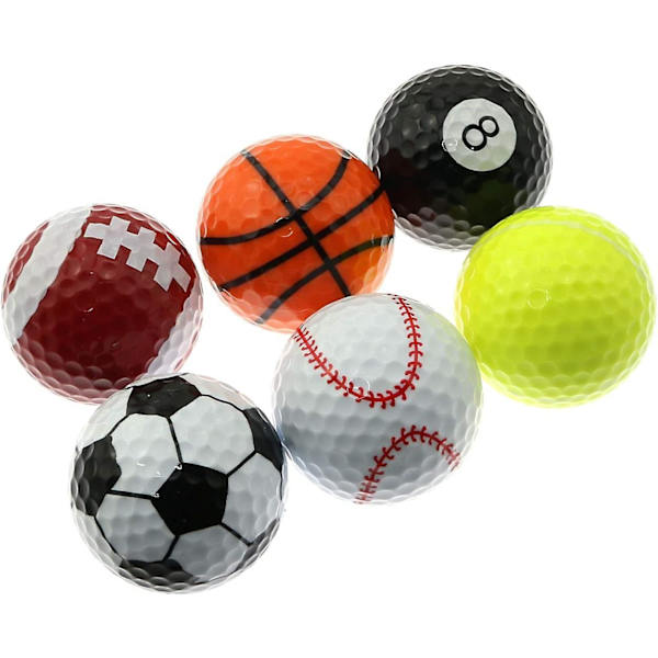 6-pack golfbollar med fotbolls-, basket-, baseboll-, tennis- och biljarddesign