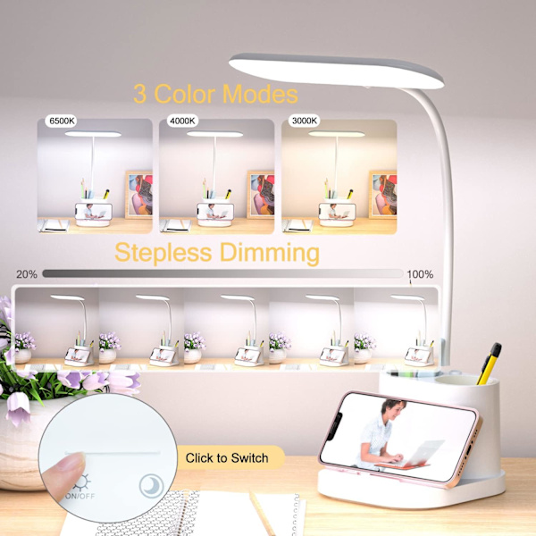 Barnens skrivbordslampa, 40 LED, 3 lägen, USB-port, sänglampa, 2500 mAh, 360° justerbar svanhalsläslampa