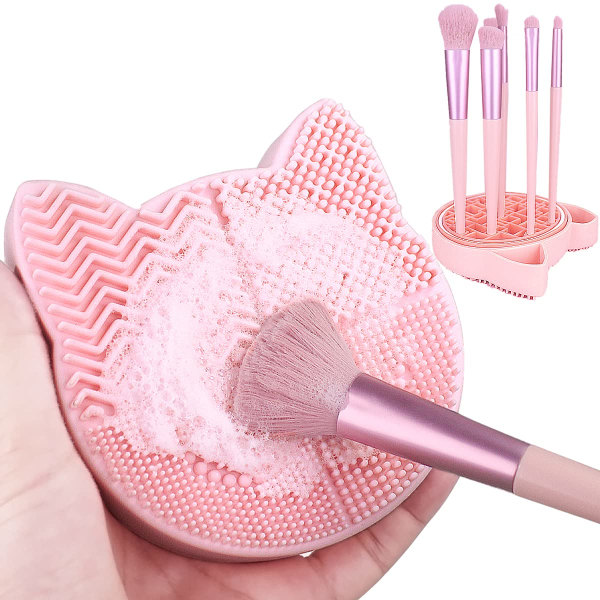 2 i 1 med borsttorkhållare, silikonkattformad borstrengöringsdyna och kosmetikställ (rosa) Pink