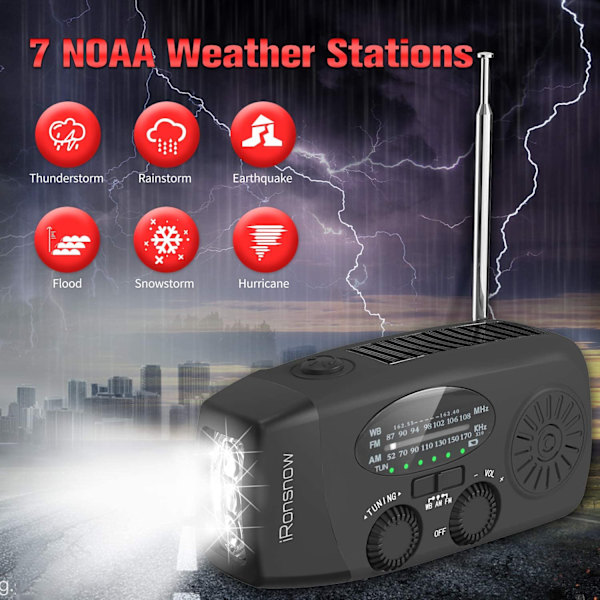 Solardriven nöd-NOAA väderradio handvev självdriven AM FM WB-radio 3 LED-ficklampa black