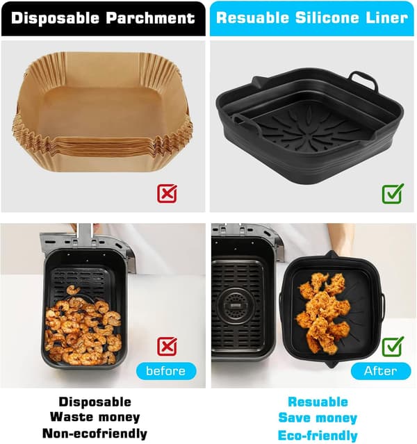 Pakke med 2 foldbare bagepapir silikone til varmluftsfrituregryde, silikoneform til Cosori varmluftsfrituregryde