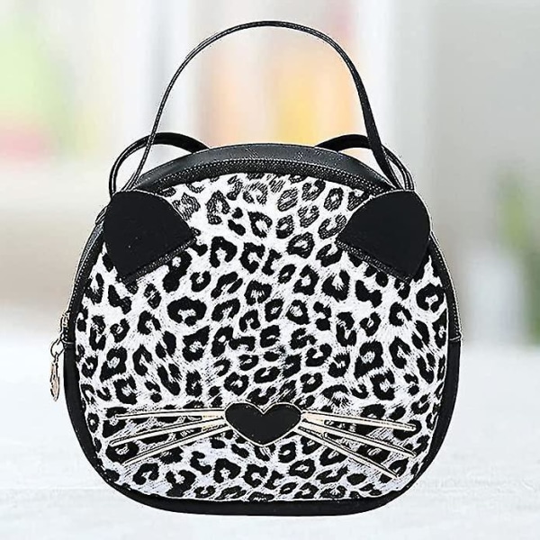 Mini Leopards axelväska Crossbody väska Handväska Söta kattväska Rund myntplatta（svart leopardtryck） Black