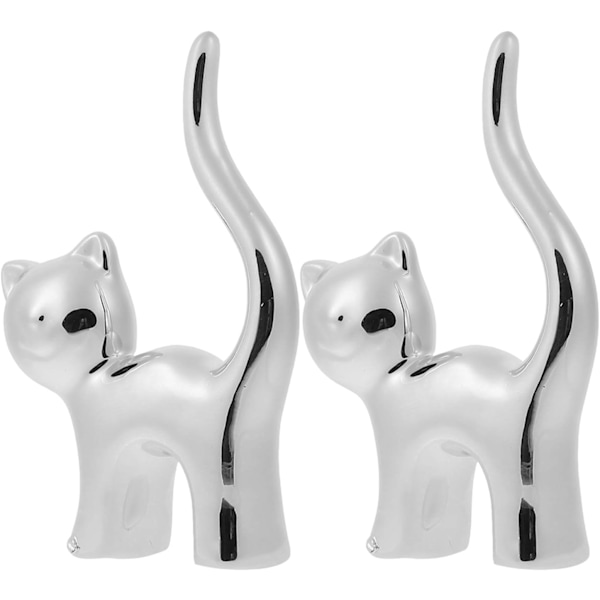 Ringhållare Keramik Söta Katt Figur Ring Stativ Smyckesställ 2-pack (Silver) Silver