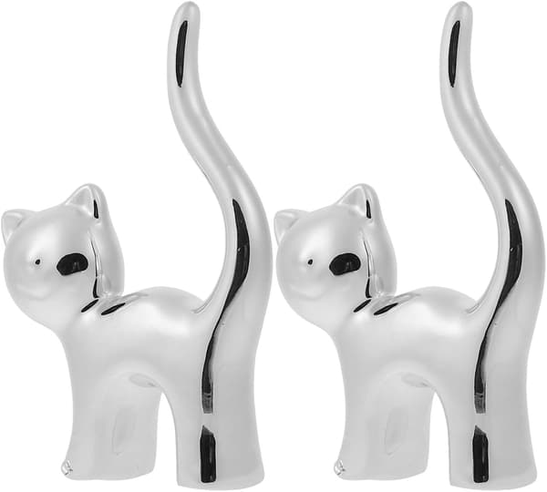 Ringholder Keramisk Sød Kattefigur Ringstativ Smykkestativ Pakke med 2 (Sølv) Silver