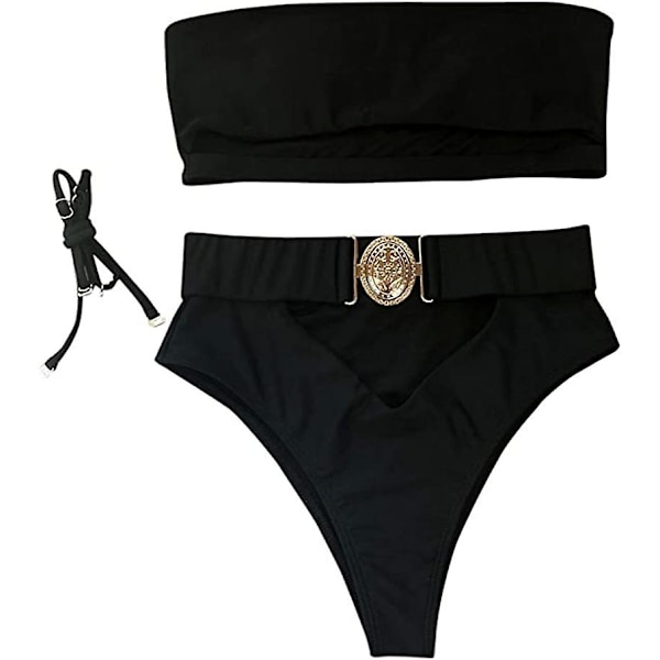 Kvinnors 2-delade sexiga underboob utskurna bikini badkläder silver läder lapptäcke baddräkt, M black m
