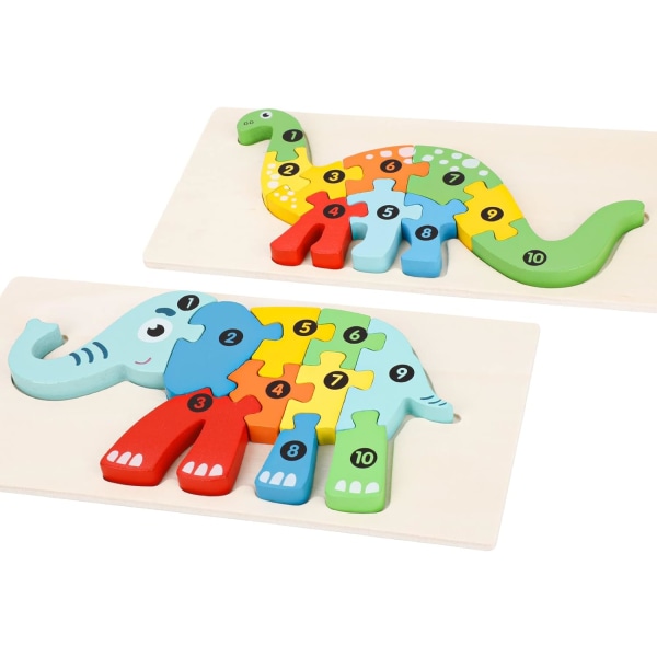 Set av träpussel med djurmotiv, 1 elefant och 1 dinosaurie Montessori-leksaker