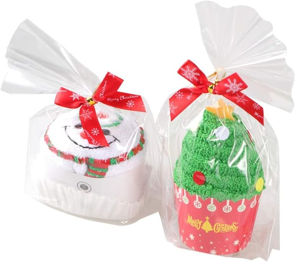 2 julehåndklæder, cupcake-formede bomuldshåndklæder (juletræ + snemand)