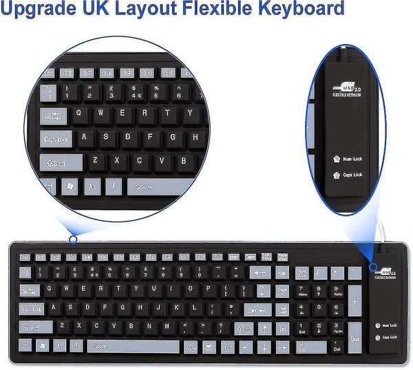 Fleksibelt tastatur, vandtæt foldbart bærbart blødt silikone tastatur USB kablet roll-up (sort+grå)