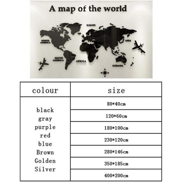 Nineclouds Världskarta 3D Väggdekal Hem Väggdekal Studie, Vardagsrum, Soffa Bakgrund Väggdekal 3D Dekoration (Svart, L) black l
