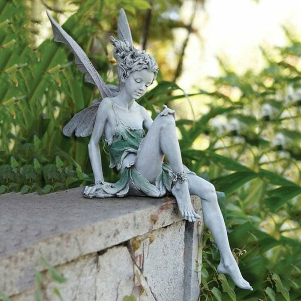 Trädgårdsprydnad, magisk älva med vingar, sittande Tudor och Turek-figur, älvafigur, hartsfigur, landskapshantverk, trädgårdsdekor, 18 cm