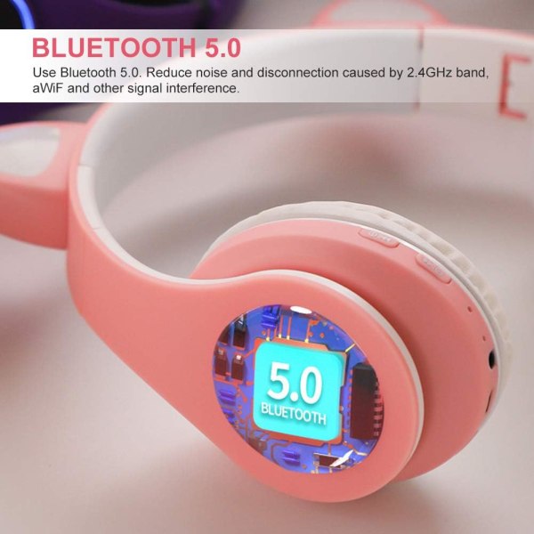 Cat Ear-hörlurar med blinkande LED-ljus, Bluetooth, Trådlösa stereohörlurar för, Rosa Pink