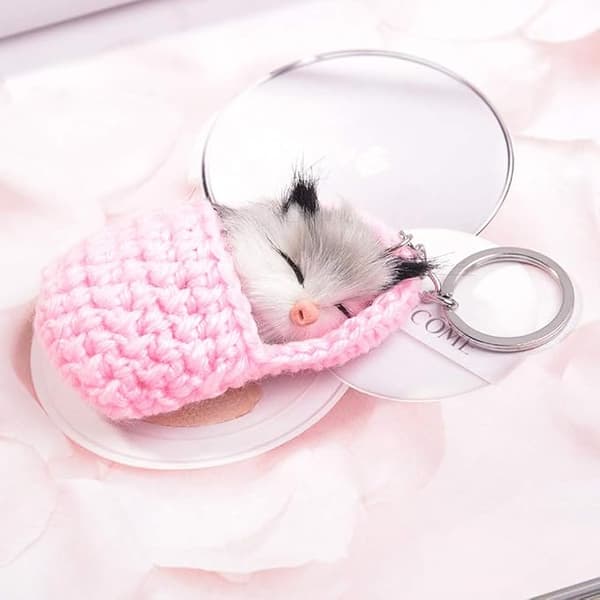 Sød Sovende Pom Pom Kat Nøglering Håndlavet Vævet Fluffy Bil Nøgleringe (Pink)